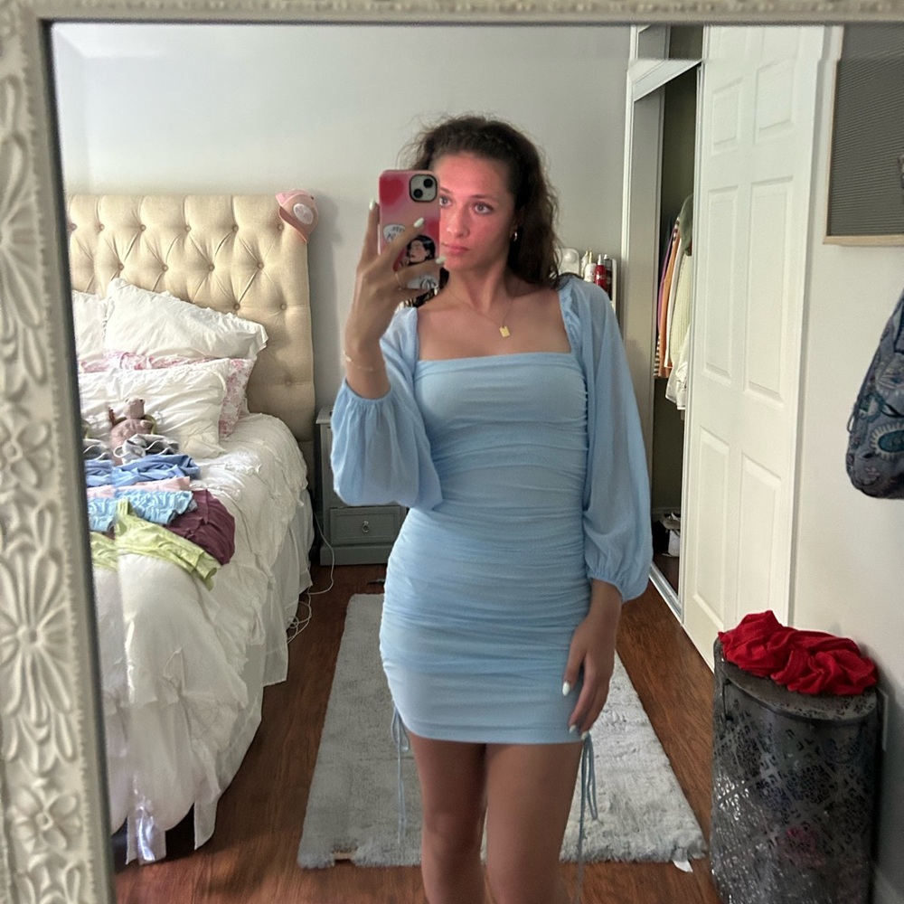 Hello Molly Blue Ruched Bodycon Dress with Bishop Sleeves